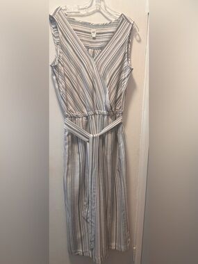 Gap Striped Wrap Jumpsuit M Tie Waist Wide Leg Sleeveless Black White Pockets